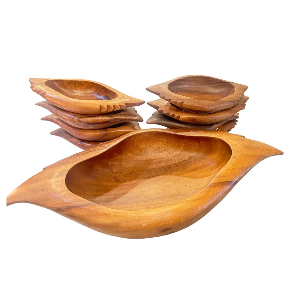 Vintage Monkey Pod Wood Crab Shape SaladServing Set 9 Piece MCM Tropical‎ 1970's
